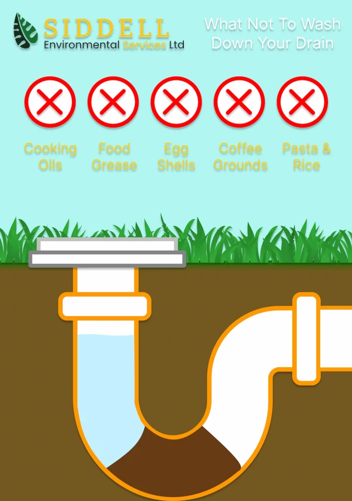 Infographic displaying what not to put in your drain to avoid drain unblocking